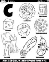 Letter C set with cartoon objects and characters coloring page vector