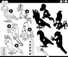 shadows game with cartoon parrots coloring page vector