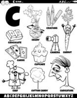 Letter C set with cartoon objects and characters coloring page vector