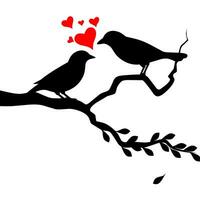 Vector Silhouette of a Pair of Birds on a Tree Branch, Silhouette of Birds with Love Icon Isolated on White Background, Pair of Birds in Love, Wall Decoration, Romantic Silhouette of Birds on a Branch