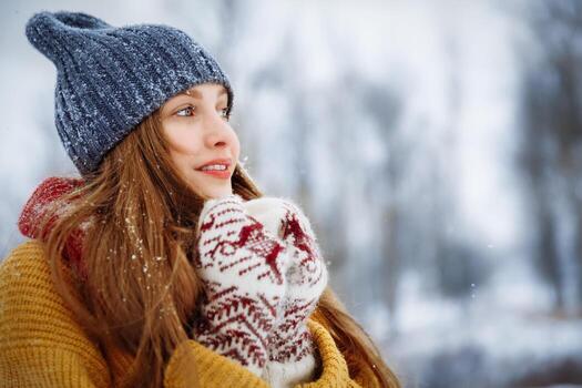 invierno joven mujer retrato. belleza alegre modelo niña riendo y teniendo divertido en invierno parque. hermosa joven hembra al aire libre, disfrutando naturaleza, invierno foto