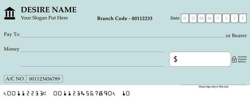 un blanco talonario de cheques con un azul y gris fondo, un banco cheque página con falso información vector