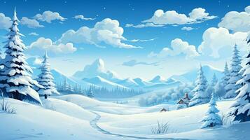 AI generated Winter snow and illustration with pine trees and clear sky photo