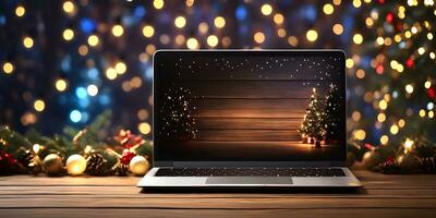 ordenador portátil en de madera mesa en frente de desenfocado Navidad luces foto
