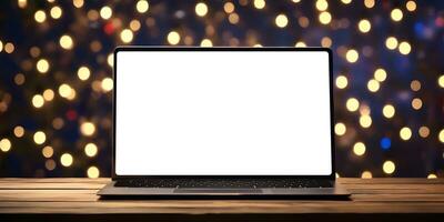 Laptop with blank screen on wooden table in front of bokeh lights background. photo