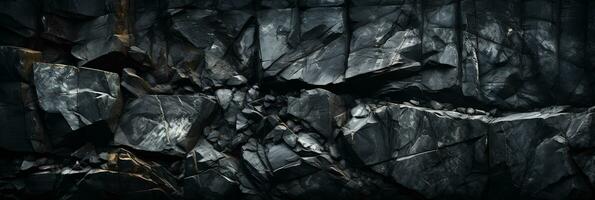 AI generated Black stone texture with cracks. Panoramic abstract natural volumetric dark gray rock background with copy space. Grunge surface photo