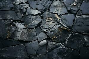 AI generated Black stone texture with cracks. Abstract natural granite marble dark gray rock background with copy space. Grunge surface photo