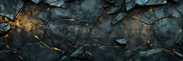 AI generated Black stone texture, gold veins. Panoramic abstract natural volumetric dark gray rock background with copy space. Grunge surface photo