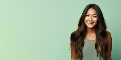 AI generated Smimilg young woman with tanned skin and short groomed hair isolated on flat red pastel background with copy space. Model for banner of cosmetic products, beauty salon and dentistry photo
