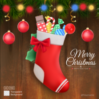 Merry Christmas Card Template With 3D Rendering Red Christmas Stocking With Gifts psd