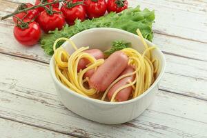 Mini sausages with pasta spaghetti photo