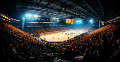 ai generado hockey estadio, vacío Deportes arena con hielo pista, frío antecedentes - ai generado imagen foto