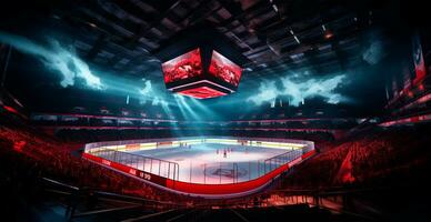 AI generated Hockey stadium, empty sports arena with ice rink, cold background - AI generated image photo