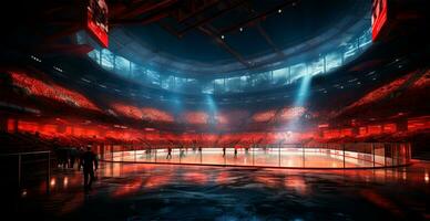 ai generado hockey estadio, vacío Deportes arena con hielo pista, frío antecedentes - ai generado imagen foto