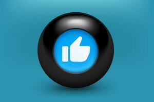 Black sphere with thumbs up icon. 3d vector illustration