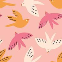 Beautiful hand drawn pattern with colourful birds. Seamless texture with different birds. Cute nature illustration background vector