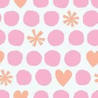 Cute seamless pattern with circles, snowflakes and hearts. Colourful vector texture with different shapes