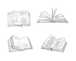 Hand-drawn various book illustration set. Opened Books set. A collection of books sketches. Isolated on white background. vector