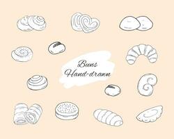 Bakery pastry products.  Backing doodle set of buns. Hand-drawn bagels set. Vector sketch illustration isolated on a white background.