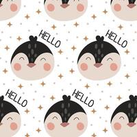 Pattern with penguins and inscription. Background with penguin and stars in flat style. Cute baby print. vector