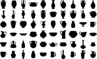 Set of pottery silhouettes and vases, Black pot isolated vector illustrations on white background