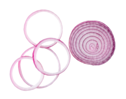 Fresh red or purple onion slices and half isolated with clipping path in png file format