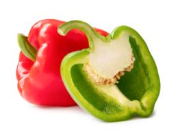 Front view of fresh whole red bell or sweet pepper with green half isolated with clipping path and shadow in png file format