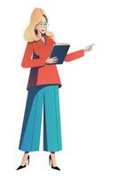 Elegant speaker woman giving presentation or lecture. Stylish businesswoman or teacher pointing at smth with finger. Concept of presentation, or showing business report. Flat vector illustration.