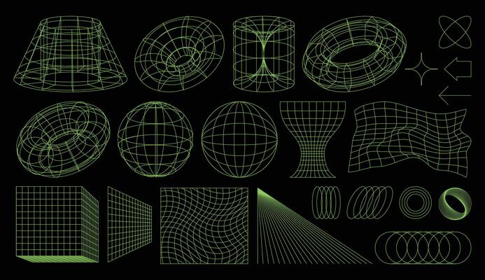Set of Y2K elements, wireframes, 3d geometric shapes, grids, and linear forms inspired by brutalism, cyberpunk and retro futuristic styles. Vector geometric graphic aesthetic torus, cube, sphere etc.