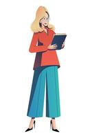 Elegant speaker woman. Stylish businesswoman or teacher lecturer holding a folder with documents and speaking. Woman character flat vector illustration for web design and presentations.