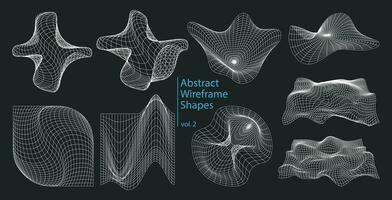 Abstract wireframe set of Y2K elements. Distortion and transformation of geometric 3d shapes and grids. Inspired by brutalism, cyberpunk, retro futuristic styles. Vector graphic design forms.