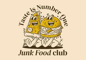 Junk Food club, taste is number one. Character illustration of walking burger and pizza vector