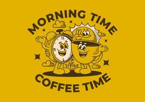 Morning time, coffee time. Mascot character of coffee cup, alarm clock and a sun vector