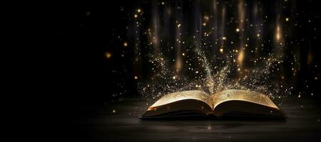 AI generated Generative AI, open antique book on dark background with magic lights, glitter blurred overlay photo