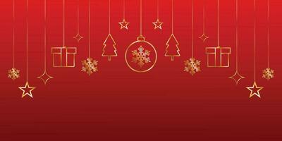 Merry Christmas banner design red background with golden stars and tree with golden balls vector