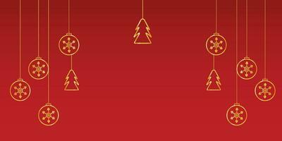 Merry Christmas banner red background with golden stars and tree with golden balls vector