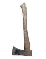 Old dark gray metal axe with wooden handle isolated on white background with clipping path photo