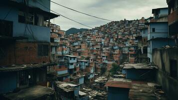 ai generado generativo ai, brasileño favelas comunidad, panorámico ver con muchos casas, urbano pueblo pobre casa edificios foto