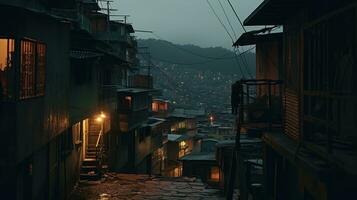 ai generado generativo ai, brasileño favelas comunidad, panorámico ver con muchos casas, urbano pueblo pobre casa edificios foto