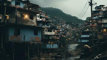 ai generado generativo ai, brasileño favelas comunidad, panorámico ver con muchos casas, urbano pueblo pobre casa edificios foto