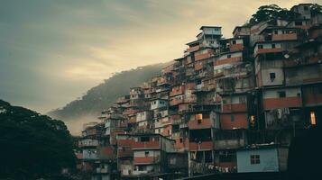 ai generado generativo ai, brasileño favelas comunidad, panorámico ver con muchos casas, urbano pueblo pobre casa edificios foto