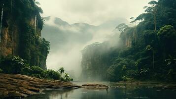 AI generated Generative AI, Amazonian jungle foggy landscape, tropical rainforest with palm trees photo