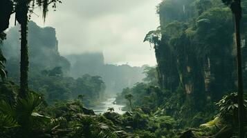 AI generated Generative AI, Amazonian jungle foggy landscape, tropical rainforest with palm trees photo