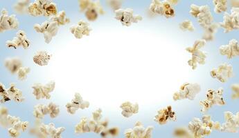 Popcorn frame, flying popcorn isolated on white background with copy space, movie poster concept photo