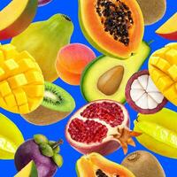 Fruits seamless pattern. Falling exotic fruits isolated on blue background photo