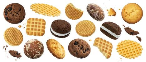 Collection of various cakes, cookies, crackers, waffles isolated on white background photo