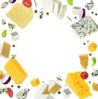 Cheese frame isolated on white background, different types of cheese photo