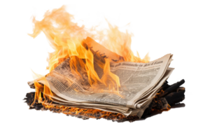 ai généré brûlant journal avec flamme. concept de la propagande et faux nouvelles png