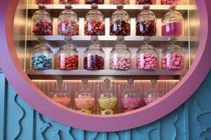 AI generated Candy store with sweets in jars for sale. Generative AI photo