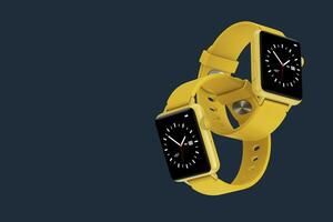 Yellow Modern Smart Watch Mockups Connected Together on a dark blue. 3d Rendering photo